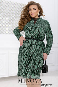 Ділова жіноча сукня з V-вирізом горловини з мереживом-сіточкою, та довгими рукавами з 50 по 64 розмір