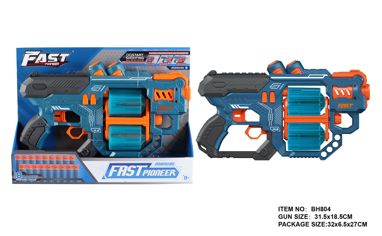 Іграшковий пістолет мех. з подвійним барабаном та м'як. набоями (18 шт.) (Синій)(31,5 х 18,5см), фото 1
