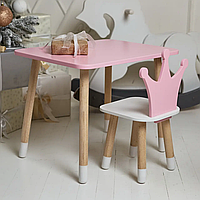 Комплект детский столик (Розовый) и стульчик (Корона розовая с белым)