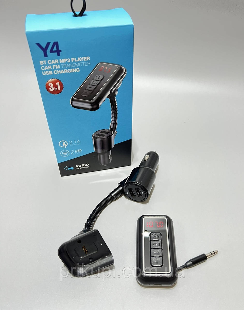 ФМ Модулятор на гнучкій ніжці Y4 — автомобільна зарядка 2 USB по 2,1 А 12-24v з Bluetooth (Y4) трансмітер FM, фото 1