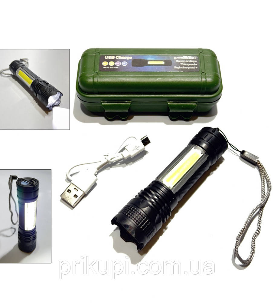 Ручний ліхтарик BL-529B SMD + COB з бічною панеллю, вбудований акумулятор, від USB