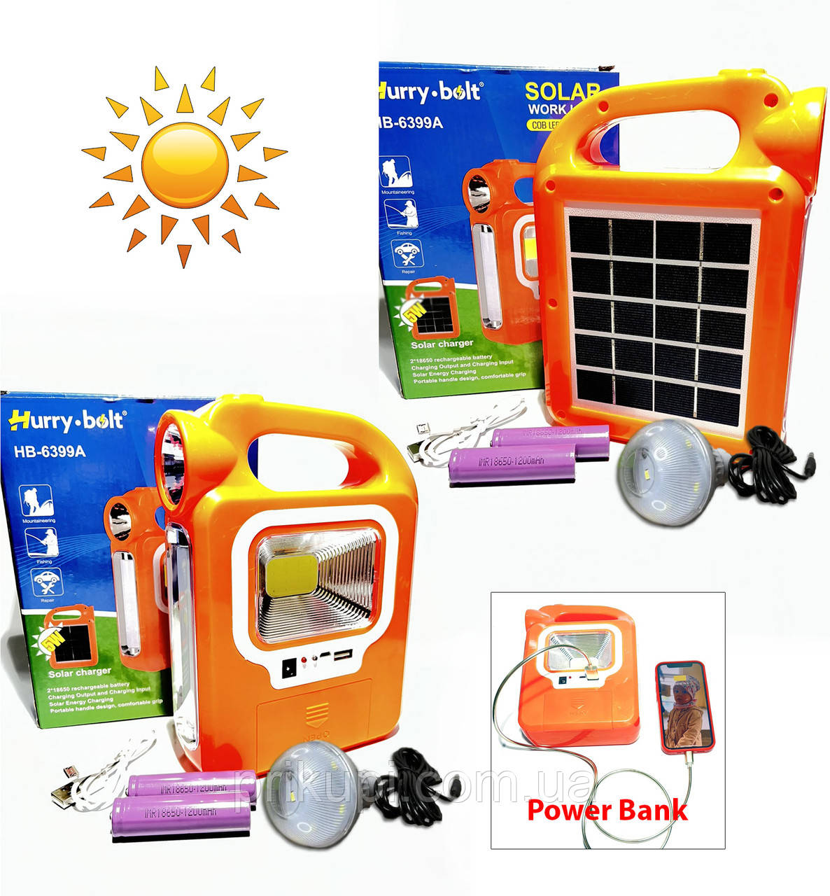 Ліхтар — прожектор на сонячній батареї переносний 6399A LED+COB з power bank, АКБ 18650, від USB, світильник, фото 1