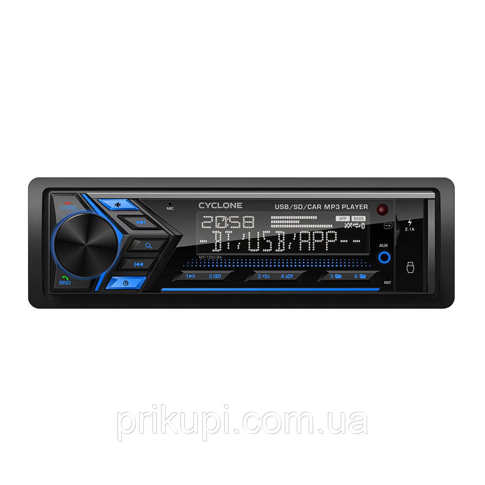 Автомагнітола CYCLONE MP-1093 BA, FM тюнером, Bluetooth, великий LCD-дисплей, USB (2,1А), 1DIN MP3 магнітолу