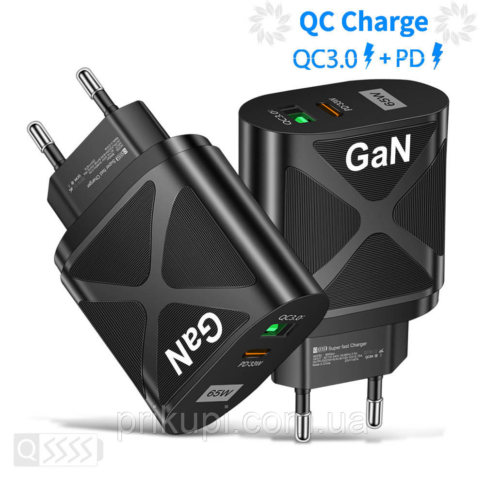 Зарядний пристрій для телефона USB, Type-C на 65 W GaN BK389 зі швидким заряджанням, Чорний