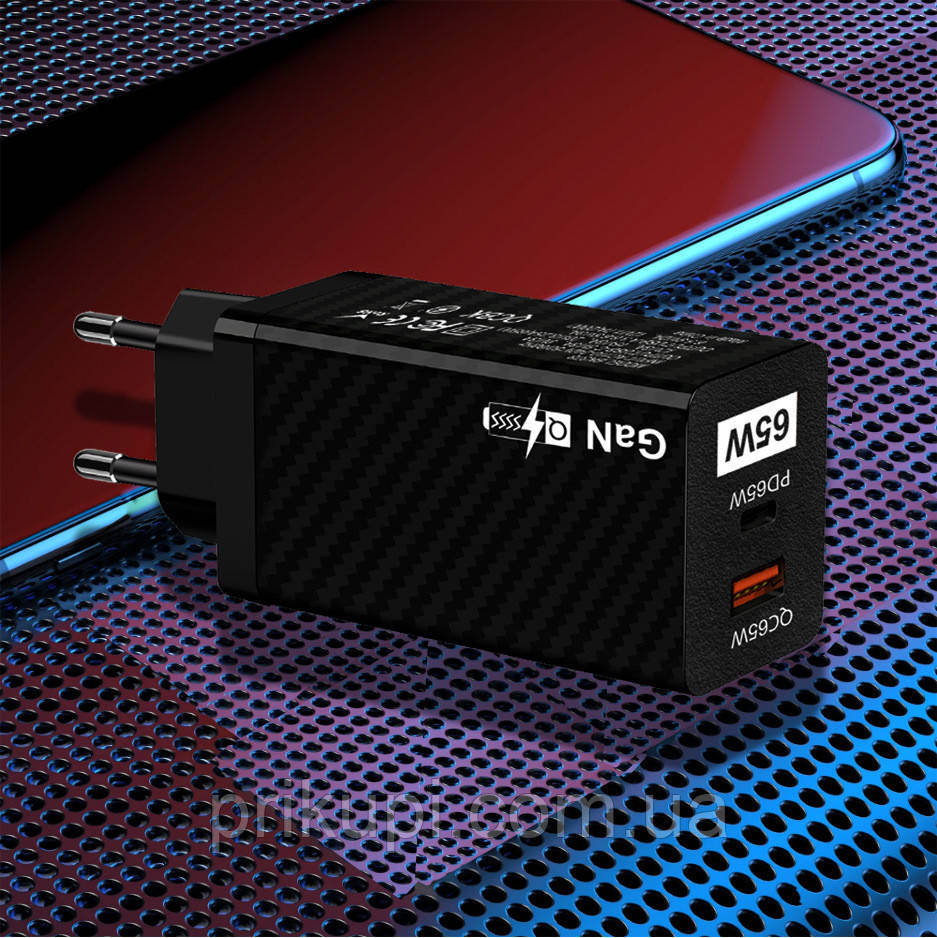 Мережевий зарядний пристрій з USB, Type-C портами, швидке заряджання GaN 65 W BK378