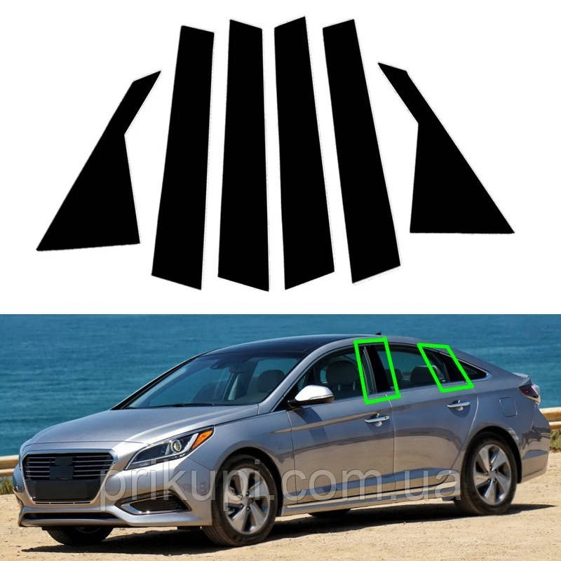 Автомобільні накладки на стійки дверей Hyundai Sonata (2016 — 2020 г), Чорний глянець, 6 шт.