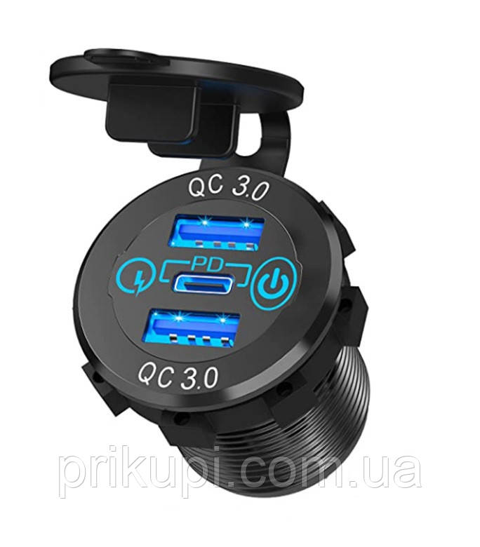 Автомобільна швидка зарядка врізна в авто на 2 USB/PD Type-C із сенсорною кнопкою, Синя підсвітка