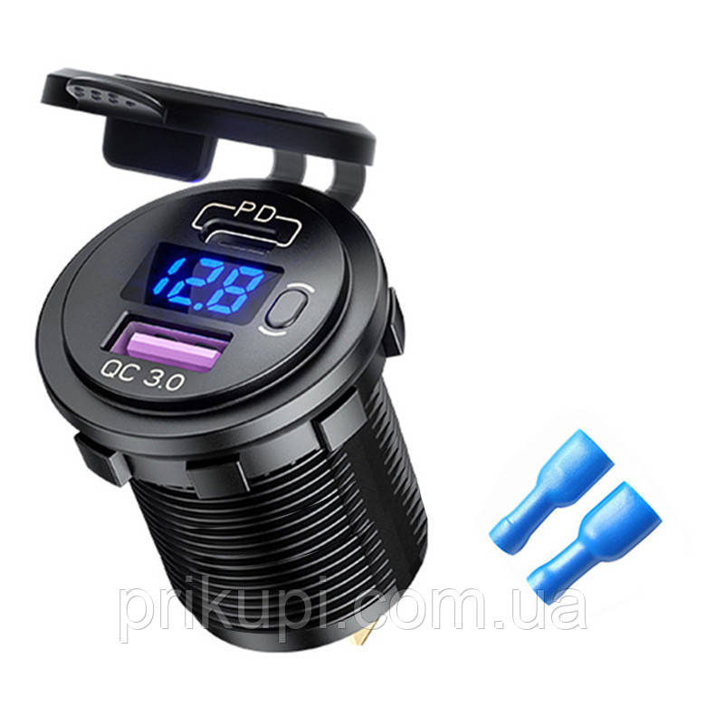 Врізна USB-розетка в авто з вольтметром Quick Charge 3.0 USB + PD Type-C 12В-24В, QC 3.0 (швидке заряджання),