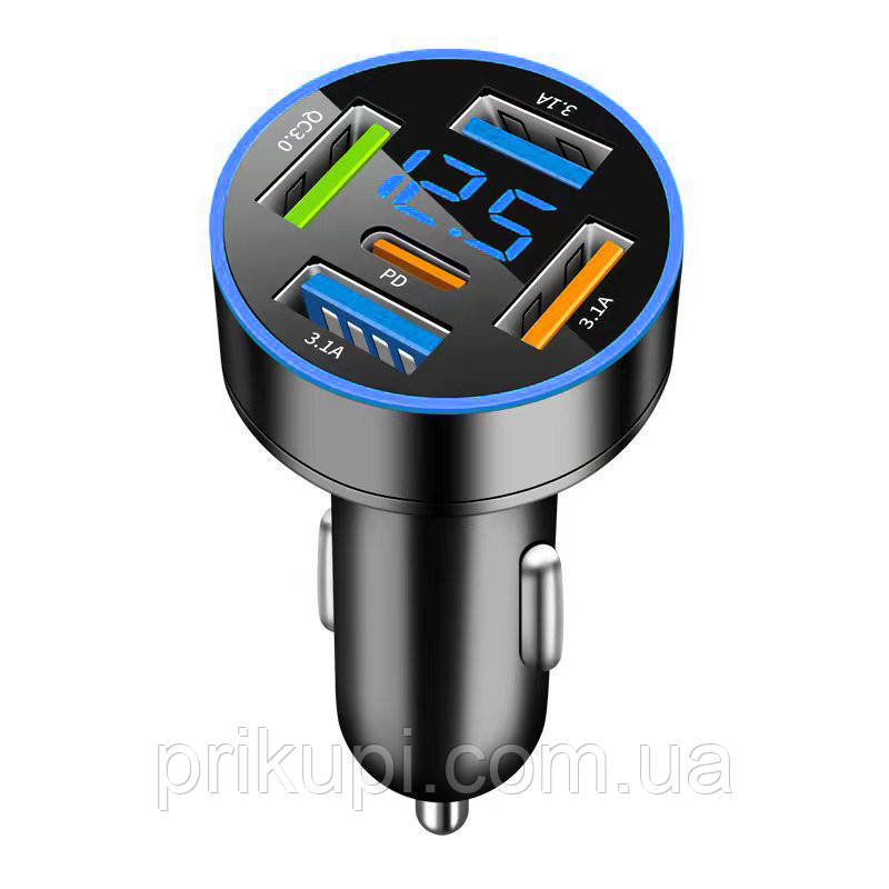 Автомобільна швидка зарядка в прикурювача з вольтметром 12-24 В на 4 USB + PD Type-C, Синя