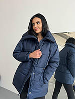 Жіноча подовжена модна зимова куртка з затяжками без капюшона плащівка Lake утеплювач 250 підкладка