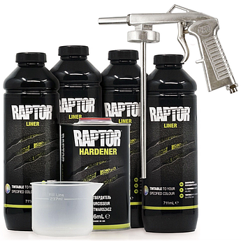 Захисне покриття підвищеної міцності (фарба) U-POL RAPTORTM + пістолет, 4 л Комплект Чорний