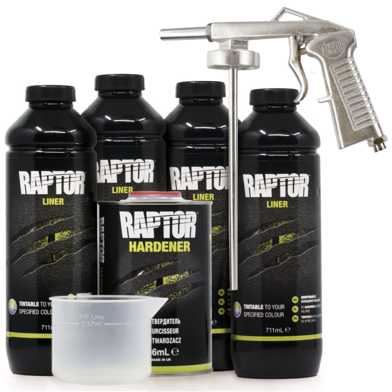 Захисне покриття підвищеної міцності (фарба) U-POL RAPTORTM + пістолет, 4 л Комплект Безбарвний
