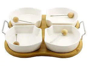 Менажниця 4-х секційна Interos 28см порцеляна PJ01579 з 4 шпажками на дерев`яній підставці