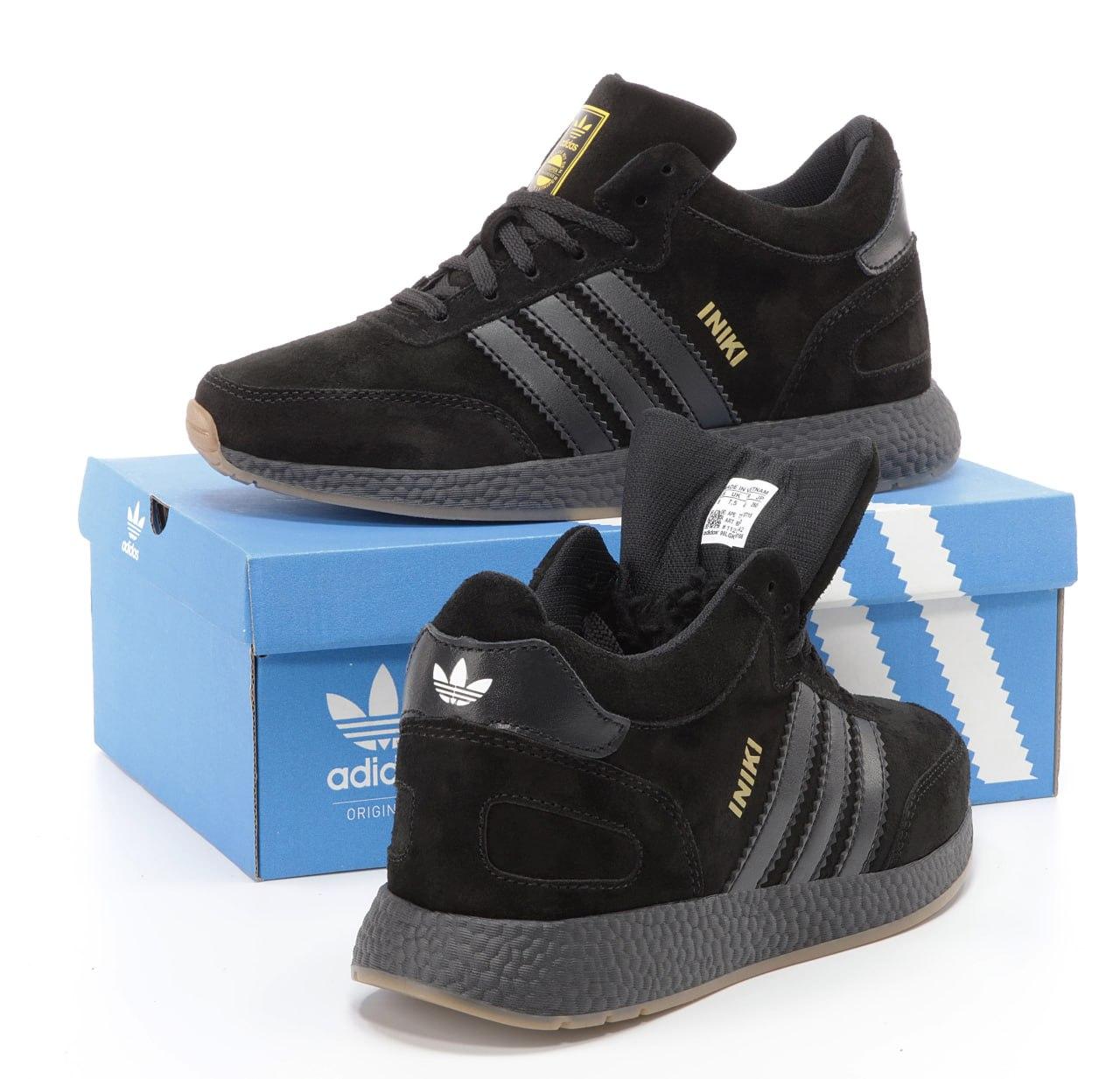 Чоловічі зимові кросівки Adidas INIKI mid Winter Black (Чорні) Взуття Адідас Інікі замшеві тепле хутро зима В'єтнам