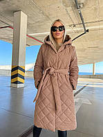 Женское зимнее стеганое пальто с капюшоном и карманами размеры 44-52