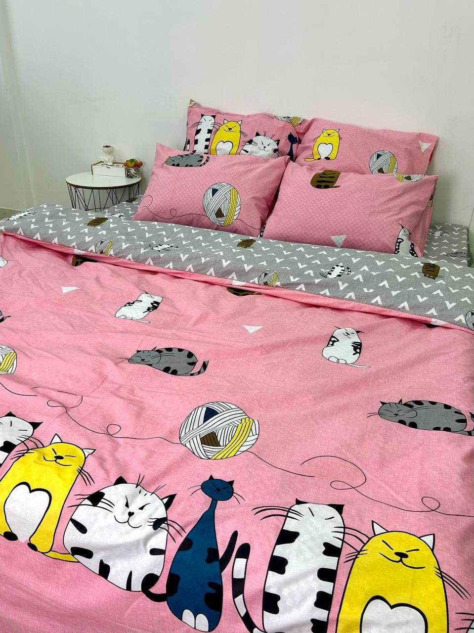 Семейный комплект постельного белья "Розовые клубочки" розовый с котиками - фото 9 - id-p1911470153