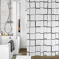 Шторка для ванной 180х178см "Белая с квадратами" - тканевая занавеска в ванную, штора для душа (NS)