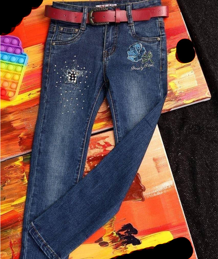 Стильні джинси гуртом для дівчаток із вишивкою, дитячі джинсові штани з поясом для дівчинки зріст 98 104 110 116