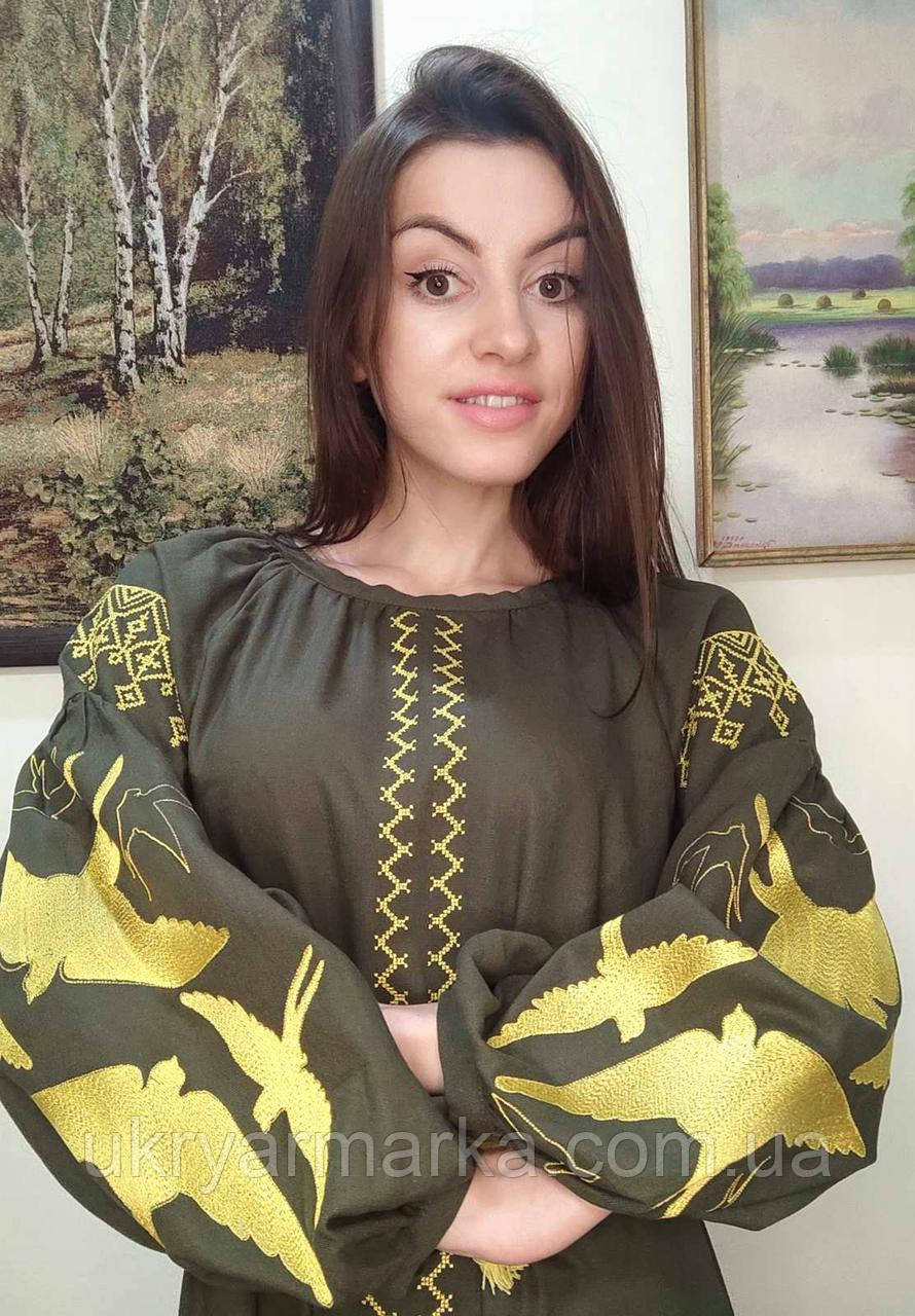 Вишите плаття "Сонячна ластівка" в кольорі хакі