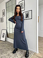Тёмно-серое женское длинное приталенное платье макси рубчик резинка с расклешенным длинным рукавом