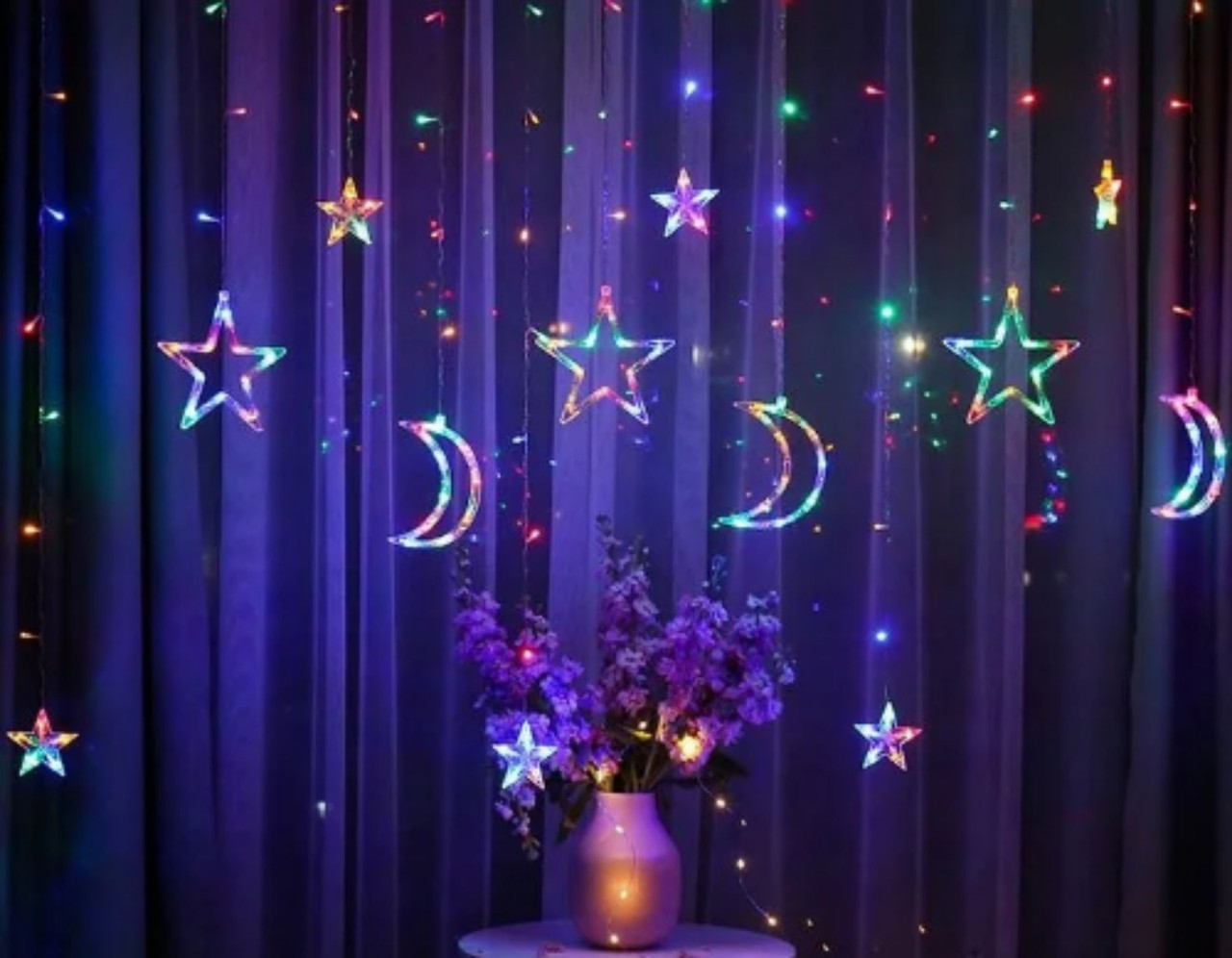 Гірлянда штора "Зірочки і місяць" 2.5×1 м 138 LED мультиколір USB батарейки, фото 1