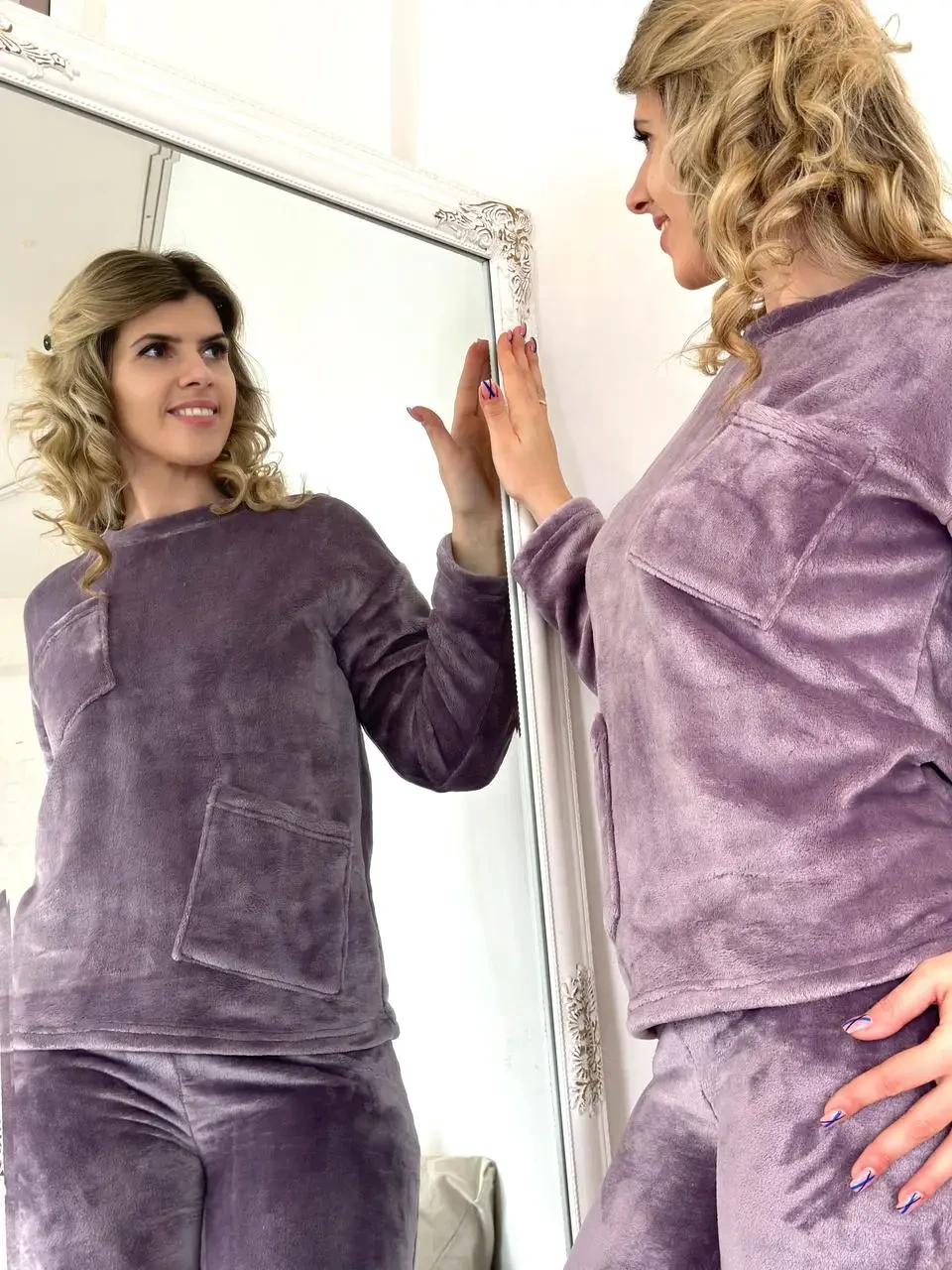 Жіночий фіолетовий костюм для дому, домашній одяг махрова кофта та штани, фото 1