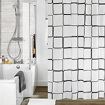 Шторка для ванної 180х178см "Біла з квадратами" - тканинна фіранка у ванну, декоративна штора для душу