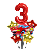 Набор фольгированных шаров Тачка Маквин с красной фольгированной цифрой 3 комплект 6 шаров
