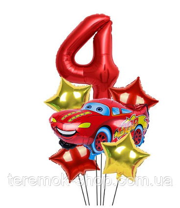 Фольговані кулі Тачки з блакитною цифрою 4, повітряні кулі набір Тачка Маквін 6 шт