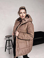 Женская зимняя длинная куртка пуховик с капюшоном размеры S-XL Мокко, S/M