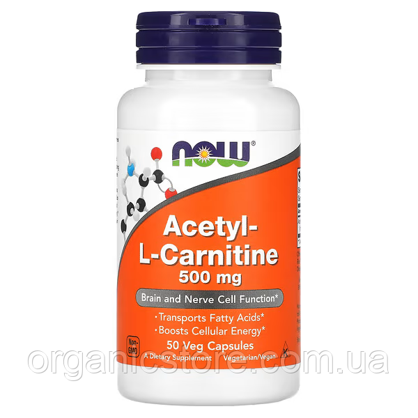 Ацетил-L-карнітин, NOW Foods, 500 мг, 50 вегетаріанських капсул