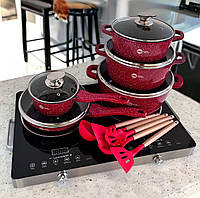 Набір посуду Higher Kitchen Набір каструль сковорода з гранітним покриттям антипригарним червоний + Поварешки