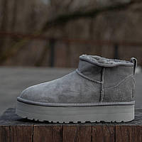 Женские зимние UGG Classic Ultra Mini Platform Grey, теплые серые замшевые угги ультра мини на платформе уги