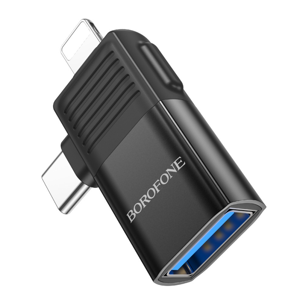 Перехідник 2в1 Type-C та Lightning на USB для підключення флешок HOCO (USB2.0 OTG). Black