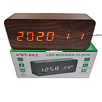 Часы VST-862-1 с красной подсветкой в виде деревянного бруска