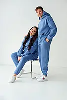 Спортивные костюмы парные теплые зимние на флисе, семейные одинаковые костюмы для пары Family Look голубой