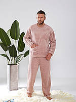 Пижама мужская махровая с длинным рукавом пудра, комплект для дома теплая кофта со штанами начос однотонная