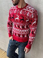 Новогодний свитер мужской зимний теплый Oleni красный Кофта мужская с оленями шерстяная