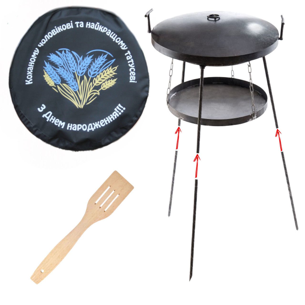 Набір: сковорода з диска борони 50 см із підвіскою для вогню на розбірних ніжках, із кришкою, чохлом і принтом, фото 1