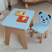 Детский стол с ящиком + стульчик для учебы и игры (Синий с мишкой), столик для развития, детский стол стул
