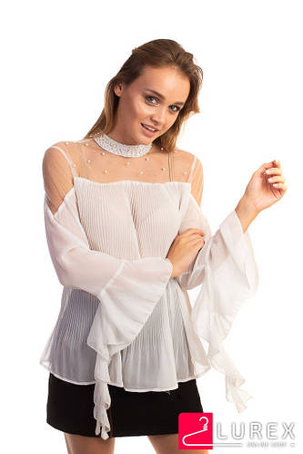 Шифоновая блузка-плиссе Hello Kiss! - белый цвет, L (есть размеры) (ID ...