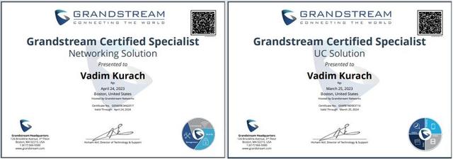 Сертифікати від компанії Grandstream - виробник IP-АТС, VoIP-шлюзів, IP-телефонів та мережевого обладнання