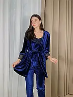 Женская велюровая пижама 4в1 майка шорты штаны и халат (пижамный комплект )