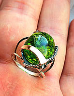 Ювелирное серебряное кольцо с золотом зеленый янтарь