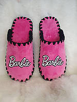 Женские велюровые тапочки "Barbie - Барби" розовые тапочки велюр с закрытым носком ручной работы (VD-21-121)