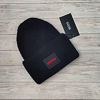 Мужская шапка HUGO черная зимняя теплая акриловая Хьюго Босс (G)