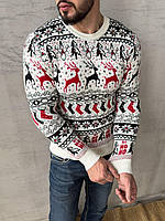 Мужской зимний новогодний свитер белый с оленями без горла шерстяной Кофта с новогодним принтом (G)