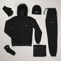 Мужской зимний спортивный костюм Nike + Шапка + Бафф + Перчатки + Носки черный Найк теплый на флисе (G)