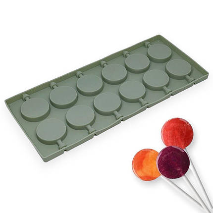 Силіконова форма 12 в 1 для льодяників та цукерок круглих на паличці + 12 паличок в комплекті, фото 1