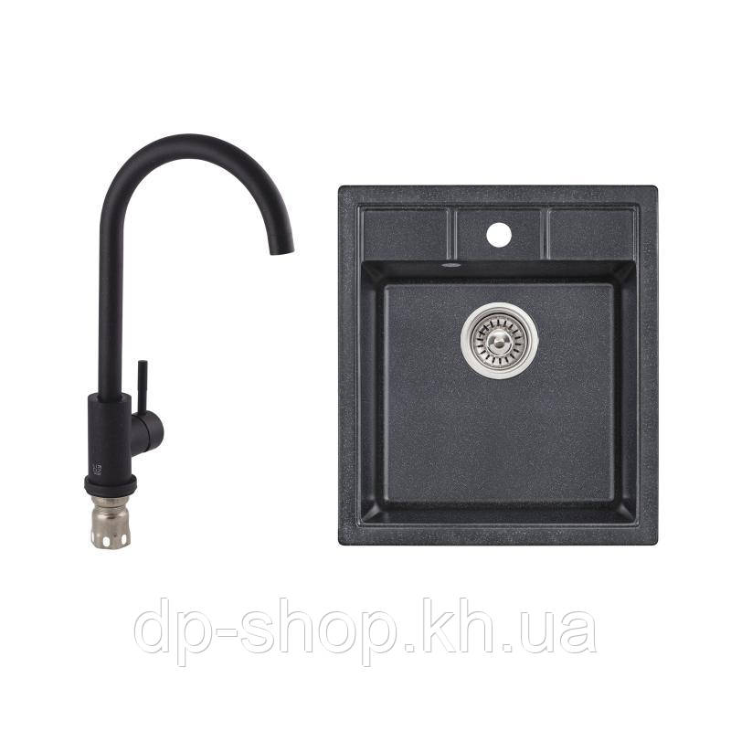 Набір: Кухонна мийка Lidz 460х515/200 BLA-03 (LIDZBLA03460515200) + Lidz Aria Змішувач для кухні 015F (k35), фото 1